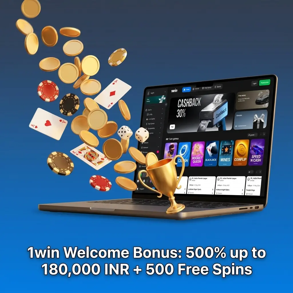 1win welcome bonus table showing 500% up to 180,000 INR and 500 free spins across four deposit tiers