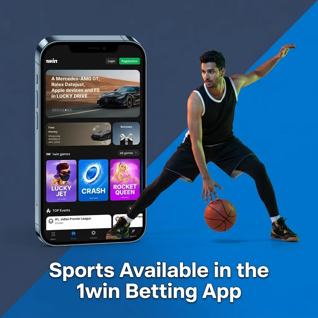 1win betting app sports menu showing cricket, football, kabaddi, tennis, esports and more available for live and line betting