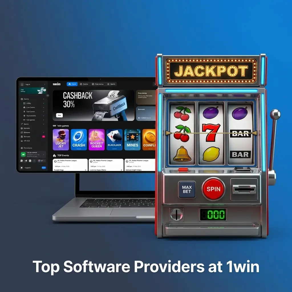Logos of top software providers at 1win including Pragmatic Play, NetEnt, Evolution, and Spribe